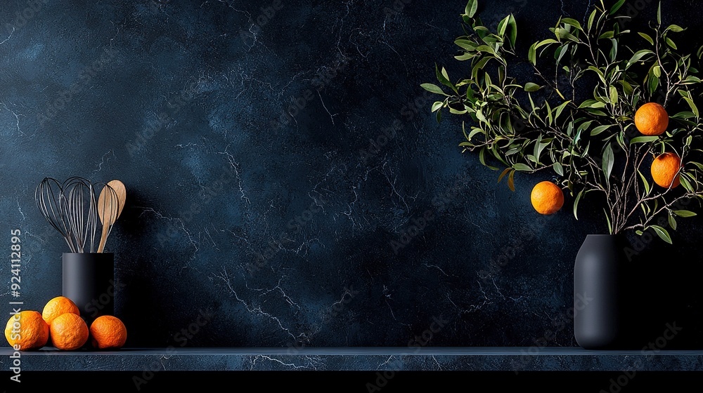 Poster a group of oranges rests on a table beside a vase with a whisk and a whisk
