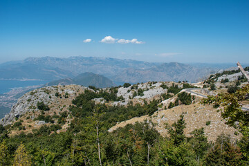 view from the top of the mountain on Boka bay in Montenegro on a sunny day.  Adriatic Sea Bay seen from mountains.