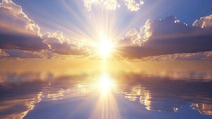   The sun illuminates the body of water beneath the cloudy sky