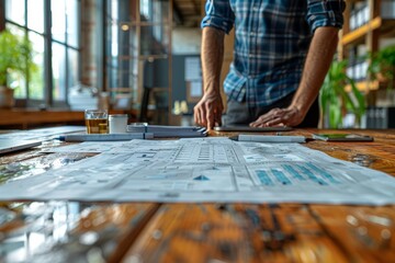 A property blueprints and investment charts on a sleek table. Generative AI