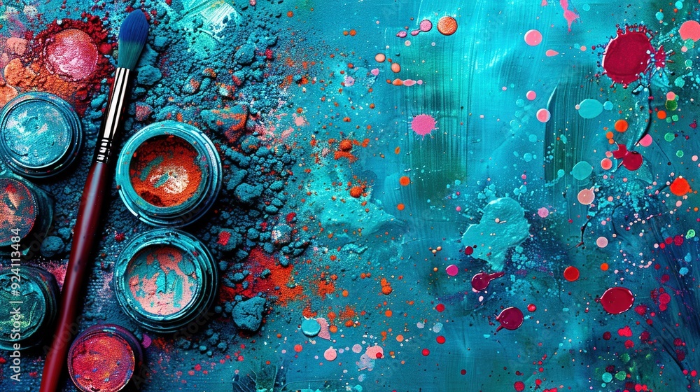 Poster a macro image of a paintbrush and palette on a blue canvas with red and orange smears