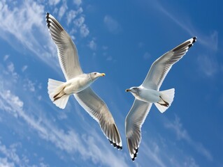 Fototapeta premium Two seagulls soaring in a bright blue sky with scattered clouds over the ocean