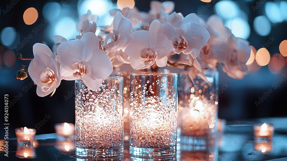 Poster a focused image of two vases with flowers inside, accompanied by candles in the foreground and a haz