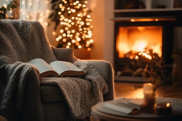 Cozy reading nook with an open book, glowing fireplace, and Christmas tree in warm evening light