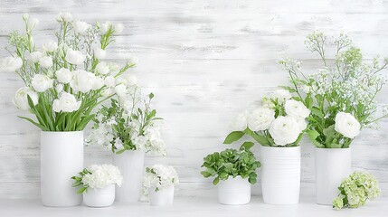  A set of white vases brimming with blooms rests atop a white counter, adjacent to a white wall