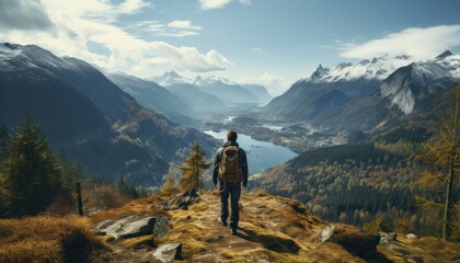 Obraz premium Solitude in the Mountains. A lone figure stands atop a mountain peak, soaking in the breathtaking view of summer mountains. For illustrating the serenity of nature, hiking, and the beauty of solitude