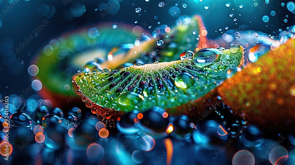Poster a kiwi with drops of water - a close-up image of a kiwi fruit, displaying droplets of water on both 