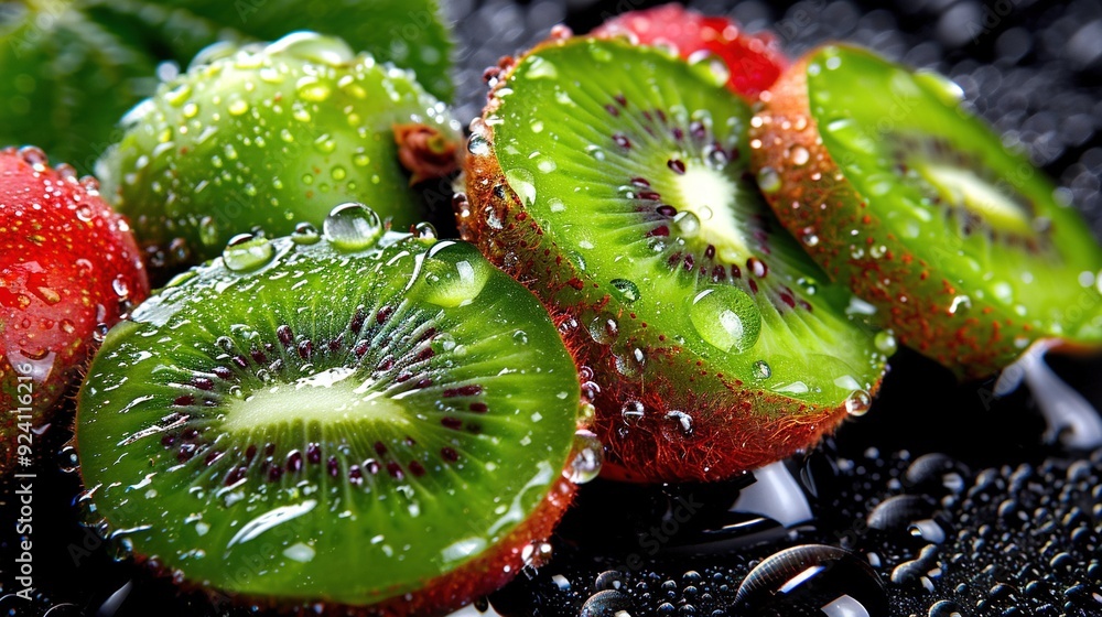 Poster a cluster of cut kiwis stacked atop one another on a dark background with water droplets cascading f
