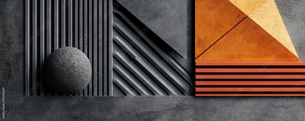 Poster abstract geometric composition with textured shapes and lines, featuring contrasting colors and mate