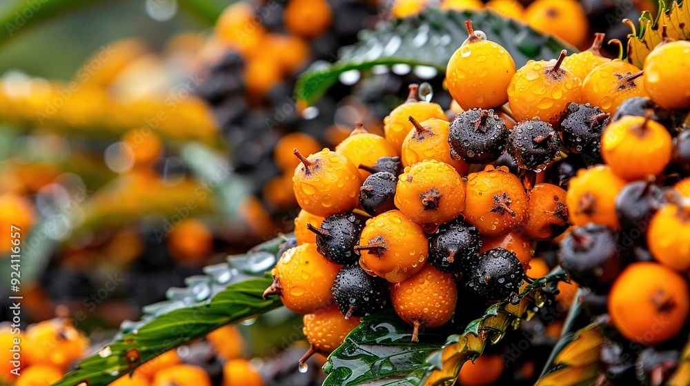 Poster close-up image of oranges on a tree with water droplets on top