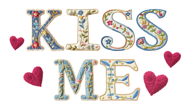 Kiss me word png embroidery font, transparent background