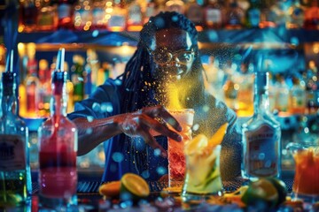 Obraz premium A bartender with dreadlocks crafts a cocktail, with colorful lights and ingredients creating a hazy, magical atmosphere