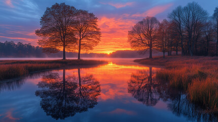 Fototapeta premium À l'aube, le soleil se lève sur un lac tranquille, illuminant le ciel bleu et orange, les arbres se reflètent dans l'eau calme, créant un paysage serein.