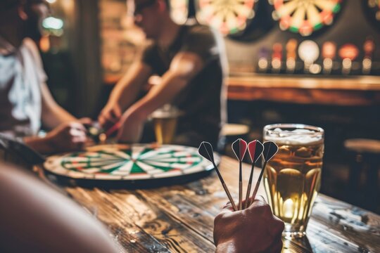 A group of friends enjoys a night out playing darts and drinking beer