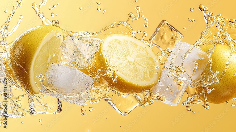 Poster a cluster of lemons and limes with ice on a yellow backdrop and water splashing in the foreground
