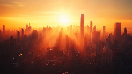 Breathtaking sunrise over a bustling city skyline, casting a warm, golden glow over skyscrapers and buildings.