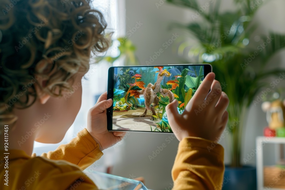 Poster child engages with augmented reality learning app to explore interactive 3d dinosaur models