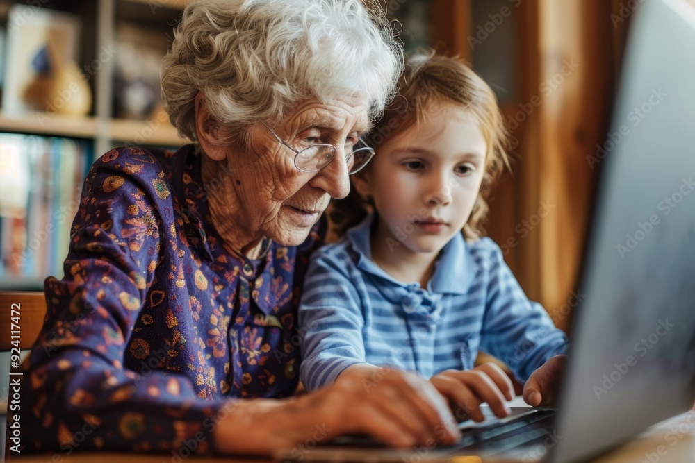 Poster intergenerational learning: grandparent and child exploring digital literacy on a computer