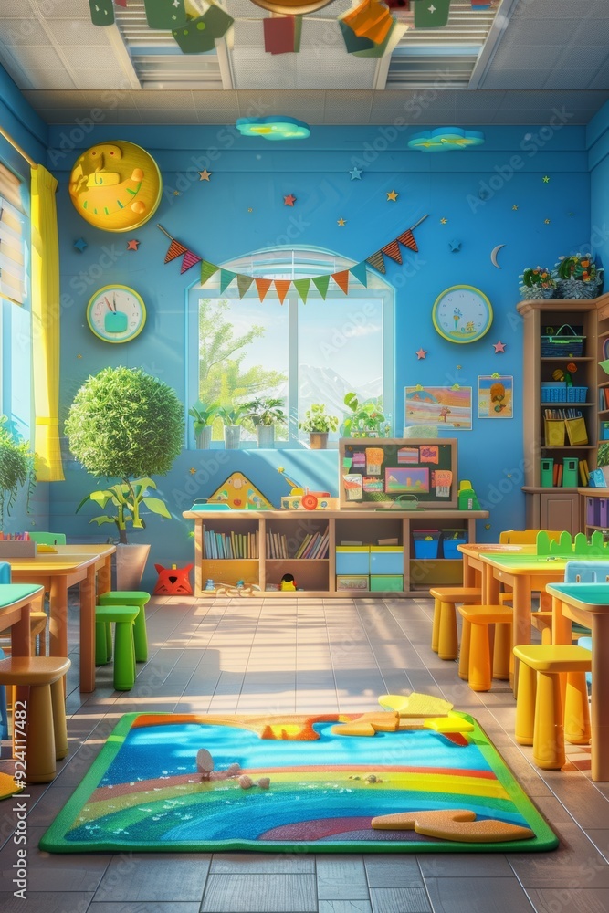 Poster cheerful and bright digital classroom for children with animated characters and interactive elements