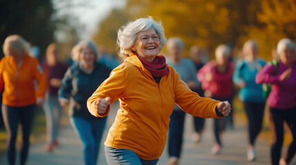 Elderly woman jogging with a group of seniors on an autumn morning. Active aging and healthy lifestyle concept