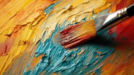 Fototapeta premium Close-up of a paintbrush on colorful textured canvas, highlighting the vibrant blue, yellow, and red paint strokes.
