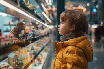 Obraz premium A young child in a yellow winter jacket stands mesmerized, gazing at a display of toys through a glass storefront window