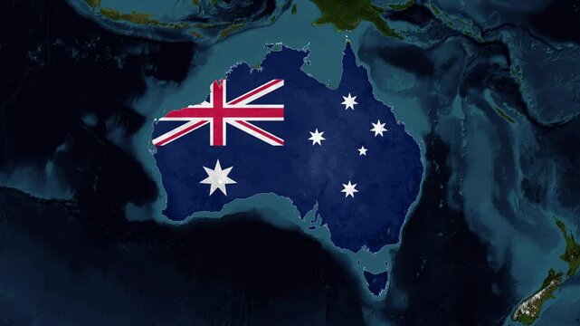  Zoom from Earth to Australia. World map flag animation with highlighted borders of countries. Images from NASA