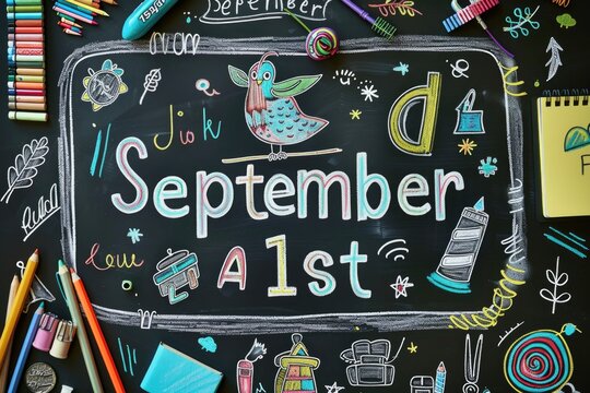 A colorful chalkboard with the words September 1st written in chalk. There are also various drawings and doodles surrounding the words, such as a bird, a book, and a pencil