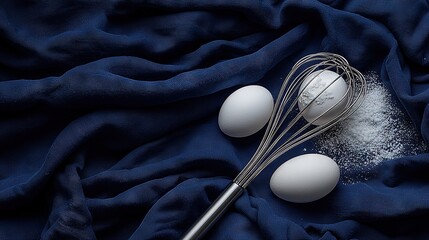   A whisk and two eggs on a blue cloth with the whisk centered
