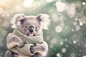 Obraz premium A koala bundled up in a cozy scarf looks directly at the camera against a backdrop of soft, blurry lights and a gentle snowfall
