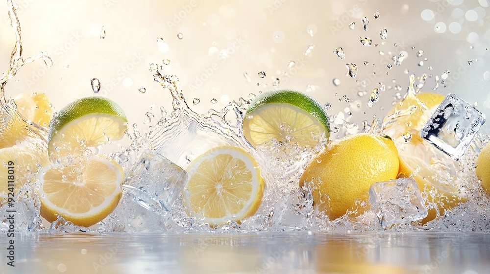 Poster a group of lemons and limes with water splashing on them and a camera at the center
