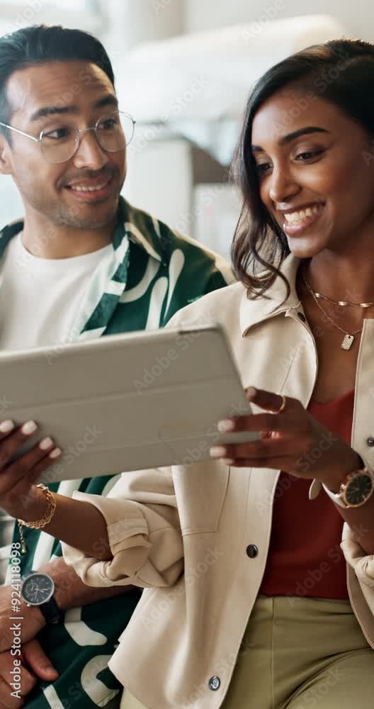 Poster teamwork, business people and man with woman, tablet and conversation with planning, internet and pr
