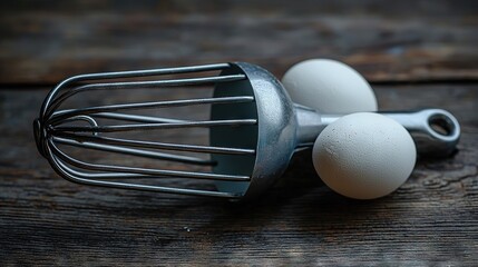   Whisk and eggs atop wooden table
