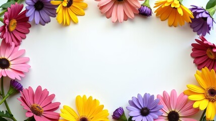 Obraz premium Border of Colorful Daisies Frame with White Background - Perfect for Spring or Summer Designs, Invitations, and Greeting Cards