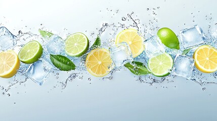   A collection of lemons, limes, and mints frozen within ice cubes against a light blue backdrop