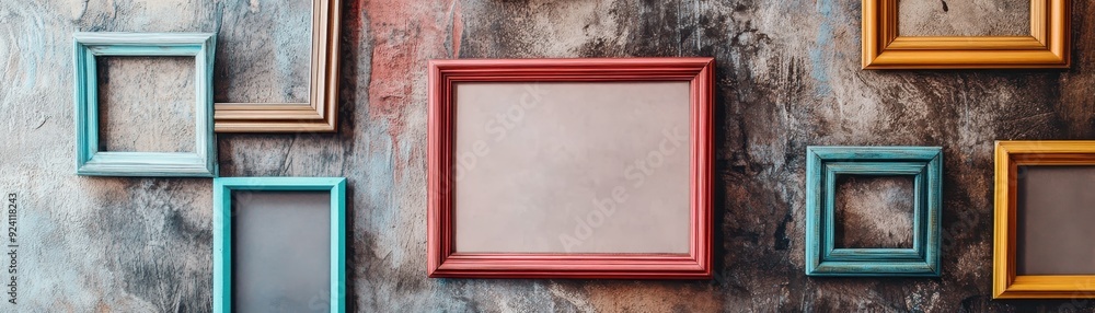 Poster colorful empty picture frames of various sizes on a textured wall, creating a modern, artistic and s