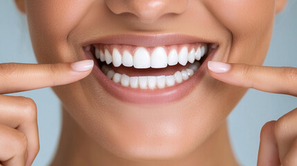 focuse on a woman’s radiant smile, pointing with fingers on her white teeth and healthy gums, emphasizing the importance of dental care and hygiene with a joyful and positive atmos