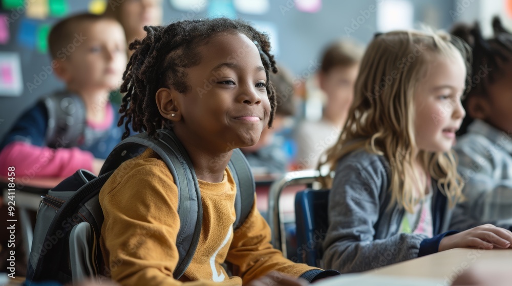 Aufkleber diverse children engaged in learning in inclusive classroom with adaptive tools and supportive teach