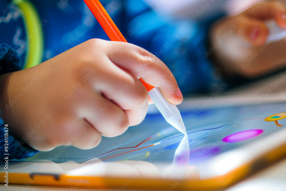 Aufkleber close-up of a student using stylus on digital tablet for engaging science activity on educational pl