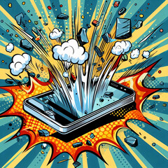 Smartphone shattered glass cracked dust glass scattered pop-art illustration
