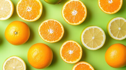   Oranges cut in halves on a green background with an apple placed at the center of the image