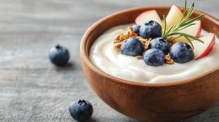 Smooth Greek yogurt topped with blueberries, apples, and granola, with a rosemary sprig, soft light, warm wooden bowl, healthy lifestyle image.