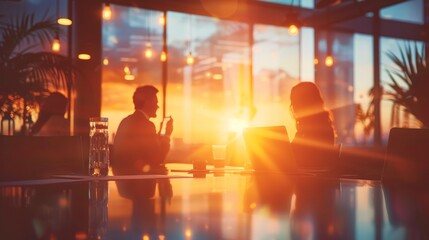 Fototapeta premium Business Meeting at Sunset with a Contemporary Office Background and a Warm Atmosphere