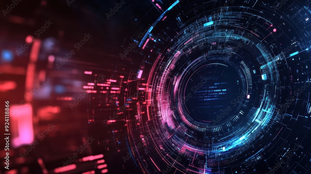 Poster high-tech digital interface background with circular and linear elements in vivid blue and red color