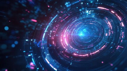 Obraz premium Futuristic digital technology interface with glowing blue and pink lights, representing cyber technology and data innovation.