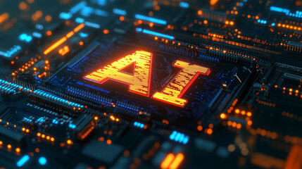 AI Chip or Processor: In the center or focal point of the scene is an AI chip or processor, rendered in a 3D low-poly wireframe style. 