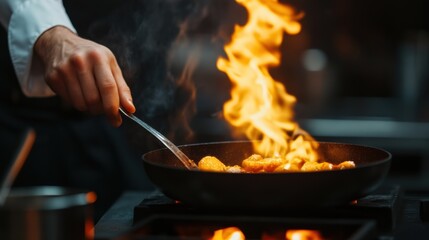 Chef sauteing food in a pan with flames in a professional kitchen, creating a dramatic and intense...