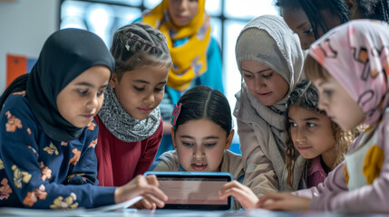 Diverse Group of Students Using Tablet for Collaborative Learning with Teacher Guidance in Classroom Setting