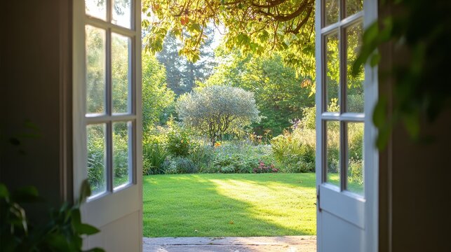 Open doors leading to a lush, green garden in bright sunlight, showcasing beautiful outdoor scenery and tranquility.