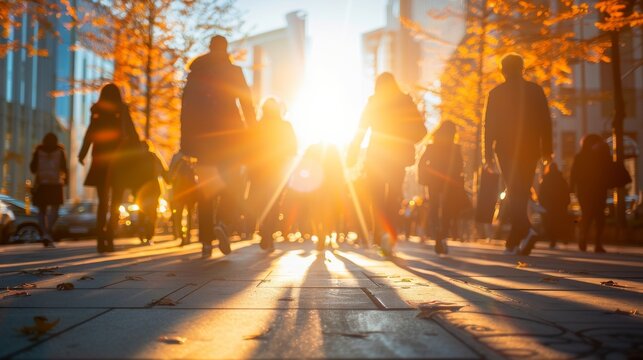 Individuals Engaging in Leisurely Walks Through a Brightly Lit Urban Landscape Setting